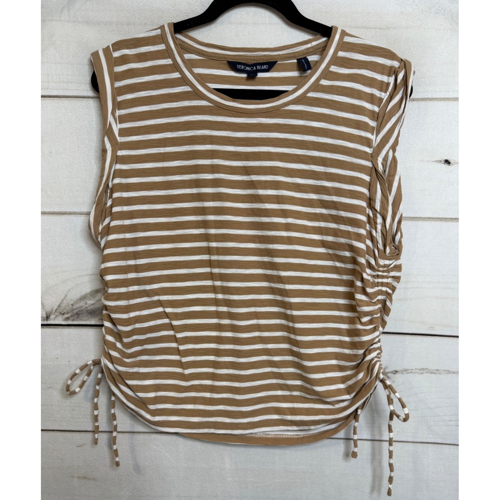 Veronica Beard Ruched Striped Pima Cotton Muscle Tee‎ Camel White XL